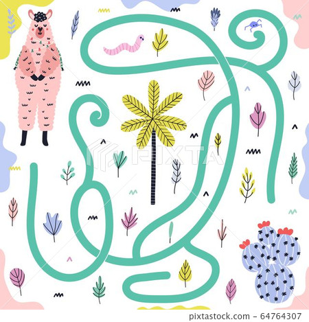Help the llama to find way to the cactus. Maze game for kids with cute llama 64764307