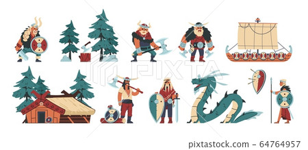 Vikings. Cartoon barbarian characters with steel and leather weapon and armor, scandinavian funny illustration. Vector isolated flat set Vikings. Cartoon barbarian characters with steel and leather weapon and armor, scandinavian funny illustration. Vector isolated flat set 64764957