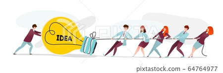 People pull idea. Team of office workers and businessmen pulling the rope with light bulb, project startup. Vector cartoon characters with rope People pull idea. Team of office workers and businessmen pulling the rope with light bulb, project startup. Vector cartoon characters with rope 64764977