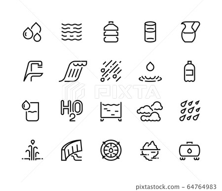Water line icons. Bottle and glass of liquid, rain drops clouds and shower, water sources such as iceberg geyser, water tank and barrel. Vector sign 64764983