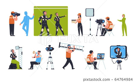 Movie production. Film making scenes with actors director and camera man, film crew shooting on green screen and on location. Vector set Movie production. Film making scenes with actors director and camera man, film crew shooting on green screen and on location. Vector set 64764984