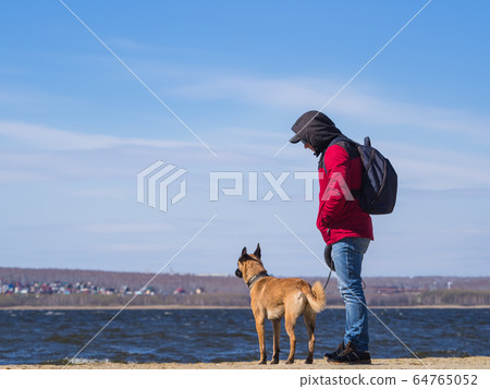 Rear view of man and dog from shelter. Rear view of man and dog from shelter. 64765052