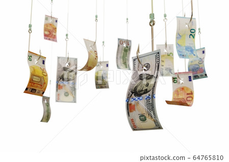 Euro and dollar bills on fishing hooks 3D illustration Euro and dollar bills on fishing hooks 3D illustration 64765810