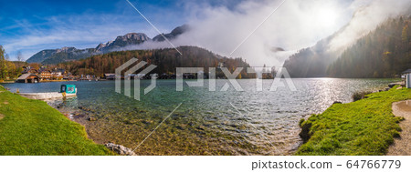 Mountain alpine autumn misty morning lake Mountain alpine autumn misty morning lake 64766779