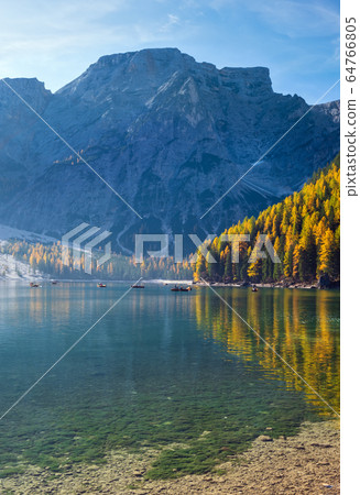AAutumn peaceful alpine lake Braies or Pragser AAutumn peaceful alpine lake Braies or Pragser 64766805