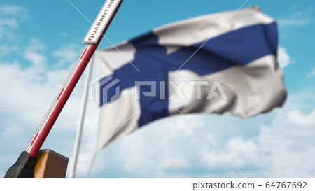 Opening boom barrier with QUARANTINE sign against the Finnish flag. Lockdown end in Finland. 3D rendering 64767692