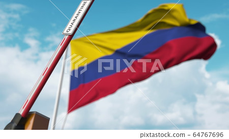 Open boom gate with QUARANTINE sign on the Colombian flag background. Lockdown end in Colombia. 3D rendering 64767696