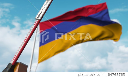 Barrier gate with QUARANTINE sign being open with flag of Armenia as a background. Armenian Lockdown end. 3D rendering 64767765