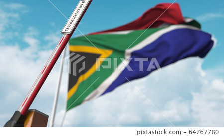 Barrier gate with QUARANTINE sign being open with flag of South africa as a background. South african Unrestricted entry. 3D rendering Barrier gate with QUARANTINE sign being open with flag of South africa as a background. South african Unrestricted entry. 3D rendering 64767780