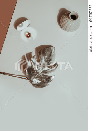 Silver leaf monstera, vase and decor on a light background. Flat lay. Abstract fashion background, minimalism. 64767782