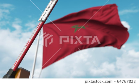 Opening boom barrier with QUARANTINE sign against the Moroccan flag. Unrestricted entry in Morocco. 3D rendering 64767828