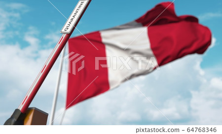 Opening boom barrier with QUARANTINE sign against the Peruvian flag. Lockdown end in Peru. 3D rendering 64768346