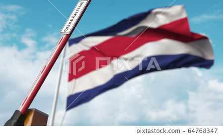 Barrier gate with QUARANTINE sign being open with flag of Costa Rica as a background. Costa Rican Lockdown end. 3D rendering 64768347