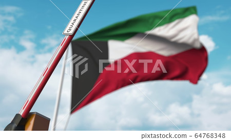 Opening boom barrier with QUARANTINE sign against the Kuwaiti flag. Unrestricted entry in Kuwait. 3D rendering 64768348