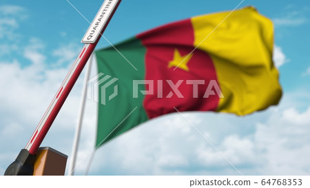 Open boom gate with QUARANTINE sign on the Cameroonian flag background. Lockdown end in Cameroon. 3D rendering 64768353