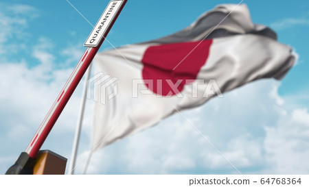 Barrier gate with QUARANTINE sign being open with flag of Japan as a background. Japanese Unrestricted entry. 3D rendering Barrier gate with QUARANTINE sign being open with flag of Japan as a background. Japanese Unrestricted entry. 3D rendering 64768364