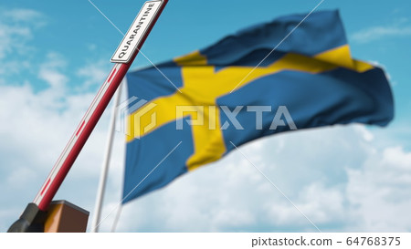 Opening boom barrier with QUARANTINE sign against the Swedish flag. Unrestricted entry in Sweden. 3D rendering 64768375