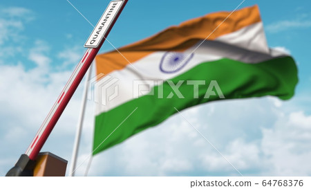 Barrier gate with QUARANTINE sign being open with flag of India as a background. Indian Lockdown end. 3D rendering 64768376