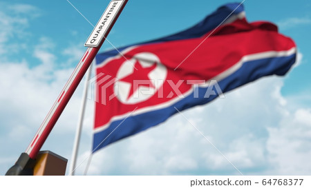 Open boom gate with QUARANTINE sign on the North Korean flag background. Lockdown end in North Korea. 3D rendering Open boom gate with QUARANTINE sign on the North Korean flag background. Lockdown end in North Korea. 3D rendering 64768377