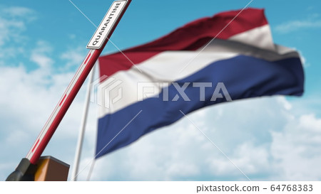 Opening boom barrier with QUARANTINE sign against the Dutch flag. Unrestricted entry in Netherlands. 3D rendering 64768383