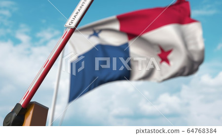 Barrier gate with QUARANTINE sign being open with flag of Panama as a background. Panamian Lockdown end. 3D rendering Barrier gate with QUARANTINE sign being open with flag of Panama as a background. Panamian Lockdown end. 3D rendering 64768384