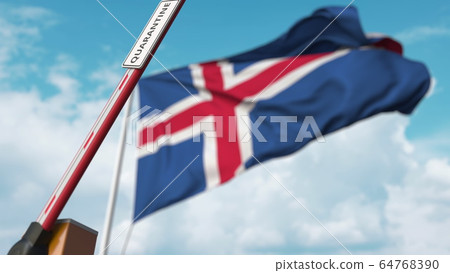 Open boom gate with QUARANTINE sign on the Icelandic flag background. Lockdown end in Iceland. 3D rendering Open boom gate with QUARANTINE sign on the Icelandic flag background. Lockdown end in Iceland. 3D rendering 64768390