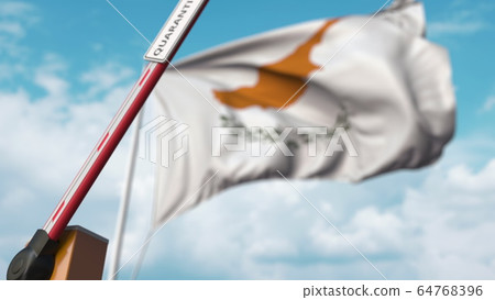 Opening boom barrier with QUARANTINE sign against the Cypriot flag. Lockdown end in Cyprus. 3D rendering 64768396