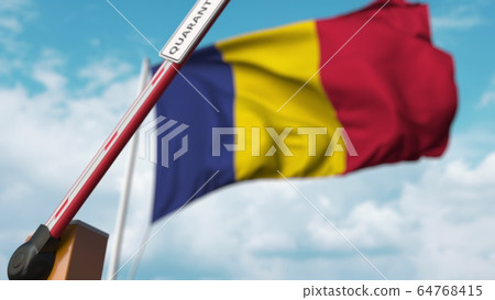 Open boom gate with QUARANTINE sign on the Romanian flag background. Lockdown end in Romania. 3D rendering Open boom gate with QUARANTINE sign on the Romanian flag background. Lockdown end in Romania. 3D rendering 64768415