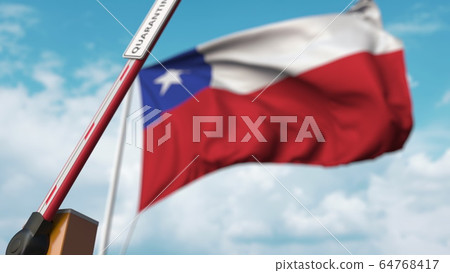 Barrier gate with QUARANTINE sign being open with flag of Chile as a background. Chilean Lockdown end. 3D rendering Barrier gate with QUARANTINE sign being open with flag of Chile as a background. Chilean Lockdown end. 3D rendering 64768417