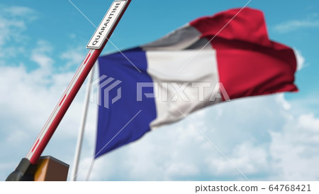 Barrier gate with QUARANTINE sign being open with flag of France as a background. French Lockdown end. 3D rendering 64768421