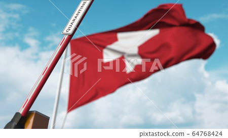 Opening boom barrier with QUARANTINE sign against the Swiss flag. Unrestricted entry in Switzerland. 3D rendering 64768424