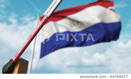 Barrier gate with QUARANTINE sign being open with flag of Paraguay as a background. Paraguayan Lockdown end. 3D rendering Barrier gate with QUARANTINE sign being open with flag of Paraguay as a background. Paraguayan Lockdown end. 3D rendering 64768427