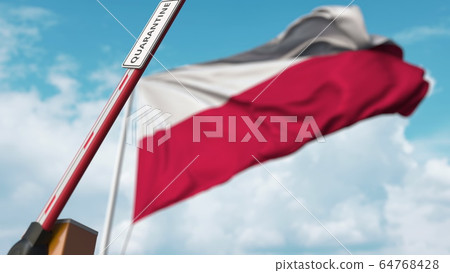 Open boom gate with QUARANTINE sign on the Polish flag background. Lockdown end in Poland. 3D rendering 64768428