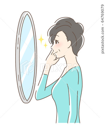 A woman smiling and looking into the mirror A woman smiling and looking into the mirror 64769079