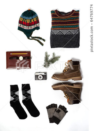 winter clothes and accessories on white winter clothes and accessories on white 64769774