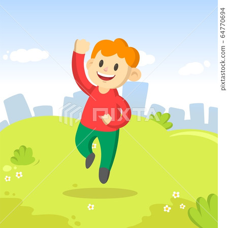 Happy boy jumping for joy in the park on city and blue sky background. Funny cartoon character. Cartoon vector flat illustration. 64770694