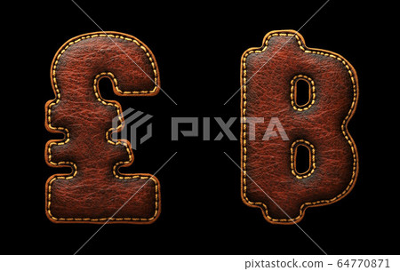 Set of symbols lira and baht made of leather. 3D render font with skin texture isolated on black background. 64770871