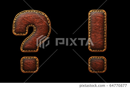 Set of symbols question mark and exclamation mark made of leather. 3D render font with skin texture isolated on black background. Set of symbols question mark and exclamation mark made of leather. 3D render font with skin texture isolated on black background. 64770877