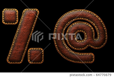 Set of symbols percent and at made of leather. 3D render font with skin texture isolated on black background. Set of symbols percent and at made of leather. 3D render font with skin texture isolated on black background. 64770879