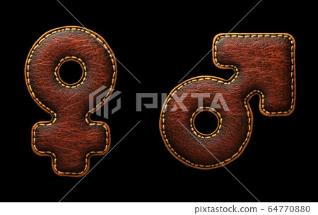 Set of symbols female and male made of leather. 3D render font with skin texture isolated on black background. 64770880