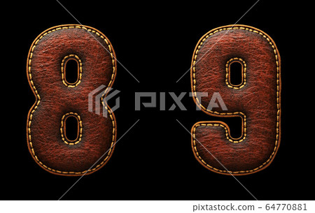 Set of numbers 8, 9 made of leather. 3D render font with skin texture isolated on black background. Set of numbers 8, 9 made of leather. 3D render font with skin texture isolated on black background. 64770881