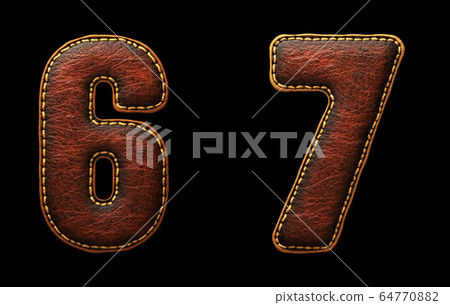 Set of numbers 6, 7 made of leather. 3D render font with skin texture isolated on black background. Set of numbers 6, 7 made of leather. 3D render font with skin texture isolated on black background. 64770882