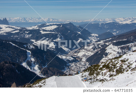 Italy Dolomites Wolkenstein valley view skiing area Winter Mountains Landscape Italian alpes 64771035