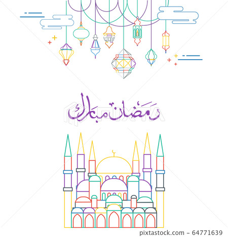 Outline illustration Ramadan Kareem Background with Lamps, Crescent and Stars - Vector. A Beautiful Arabic Greeting Card of Ramadan Mubarak with Colorful Hanging Fanoos and Islamic moon, a mosque dom. Outline illustration Ramadan Kareem Background with Lamps, Crescent and Stars - Vector. A Beautiful Arabic Greeting Card of Ramadan Mubarak with Colorful Hanging Fanoos and Islamic moon, a mosque dom. 64771639