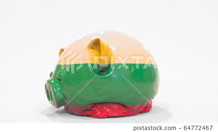 Deflating inflatable piggy bank with printed flag of Lithuania. Lithuanian financial crisis related conceptual 3D rendering 64772467