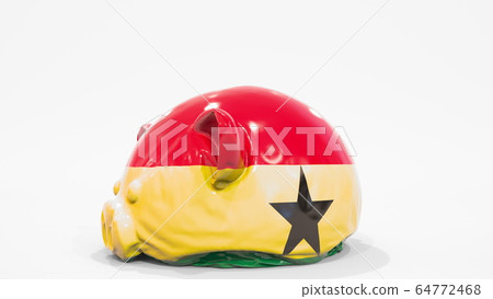 Deflating inflatable piggy bank with printed flag of Ghana. Financial crisis related conceptual 3D rendering Deflating inflatable piggy bank with printed flag of Ghana. Financial crisis related conceptual 3D rendering 64772468