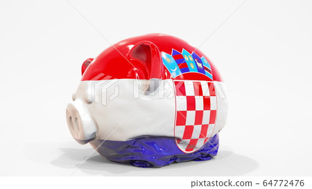 Deflating inflatable piggy bank with flag of Croatia. Croatian financial crisis related conceptual 3D rendering Deflating inflatable piggy bank with flag of Croatia. Croatian financial crisis related conceptual 3D rendering 64772476