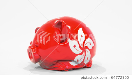 Deflating inflatable piggy bank with printed flag of Hong Kong. Financial crisis related conceptual 3D rendering 64772500