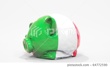 Deflating inflatable piggy bank with flag of Italy. Italian financial crisis related conceptual 3D rendering Deflating inflatable piggy bank with flag of Italy. Italian financial crisis related conceptual 3D rendering 64772590