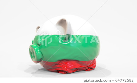 Deflating inflatable piggy bank with printed flag of Bulgaria. Bulgarian financial crisis related conceptual 3D rendering Deflating inflatable piggy bank with printed flag of Bulgaria. Bulgarian financial crisis related conceptual 3D rendering 64772592